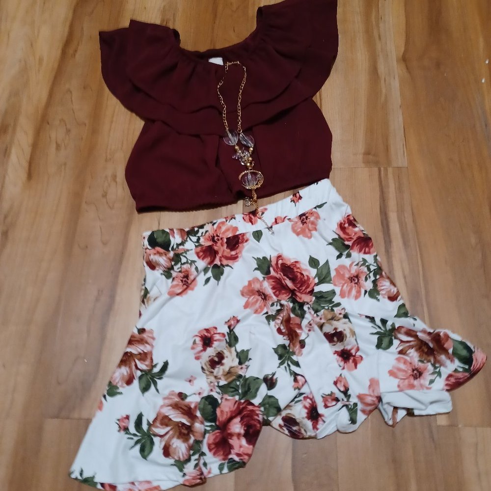 Kids Floral Two-Piece Size 10-12(Includes Faux Jewel Necklace)